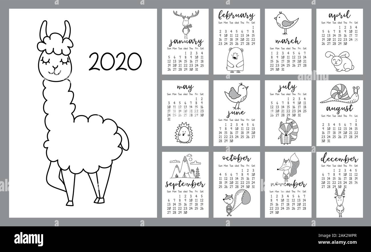 Llama und Waldtiere Kalender für das Jahr 2020 Jahr. Nettes Design, druckbaren Planer von 12 Monaten mit niedlichen Maus. Woche beginnt am Sonntag. Standard Größe, r Stock Vektor