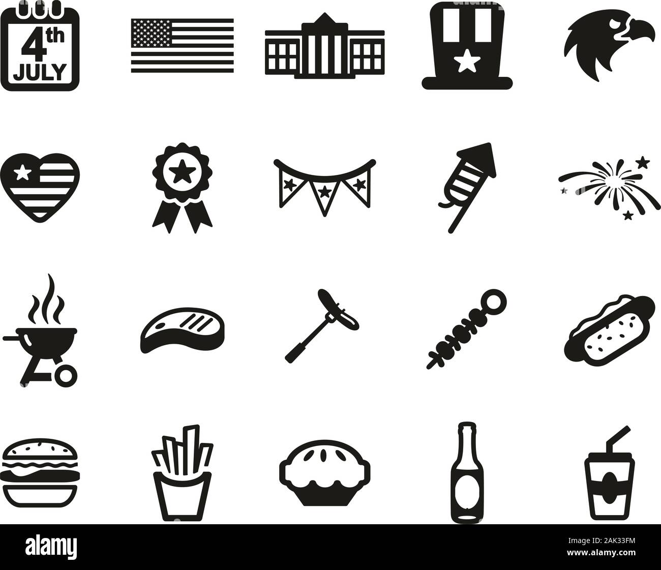 Juli 4. Symbole Black & White Set groß Stock Vektor