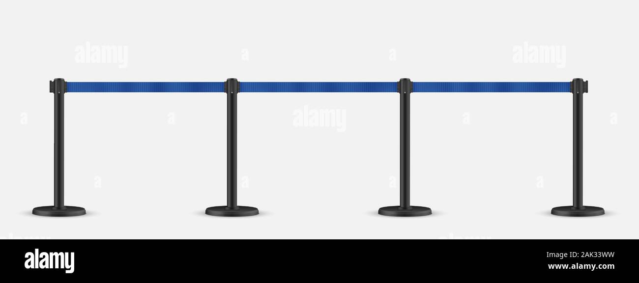 Gurtabroller stanchion eingestellt. Tragbare ribbon Barriere. Blau gestreiften Gefahr fechten Band. Stock Vektor