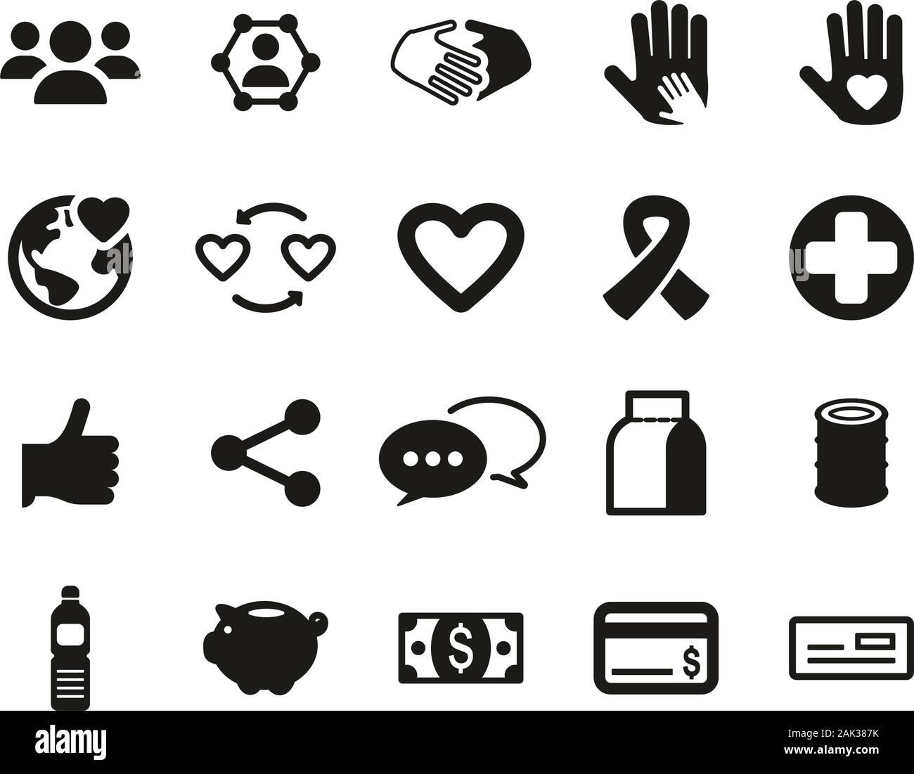 Liebe oder Nächstenliebe arbeiten Symbole Black & White Set groß Stock Vektor