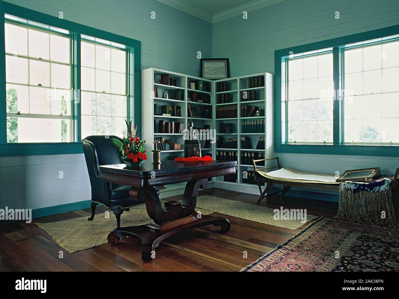 Blick auf den Arbeitsraum des schottischen Schriftstellers Robert Louis Stevenson (1850-1894) in der Robert-Stevenson-Haus in der Nähe von Apia auf Upolu. Seit 1890 Stevenson Stockfoto