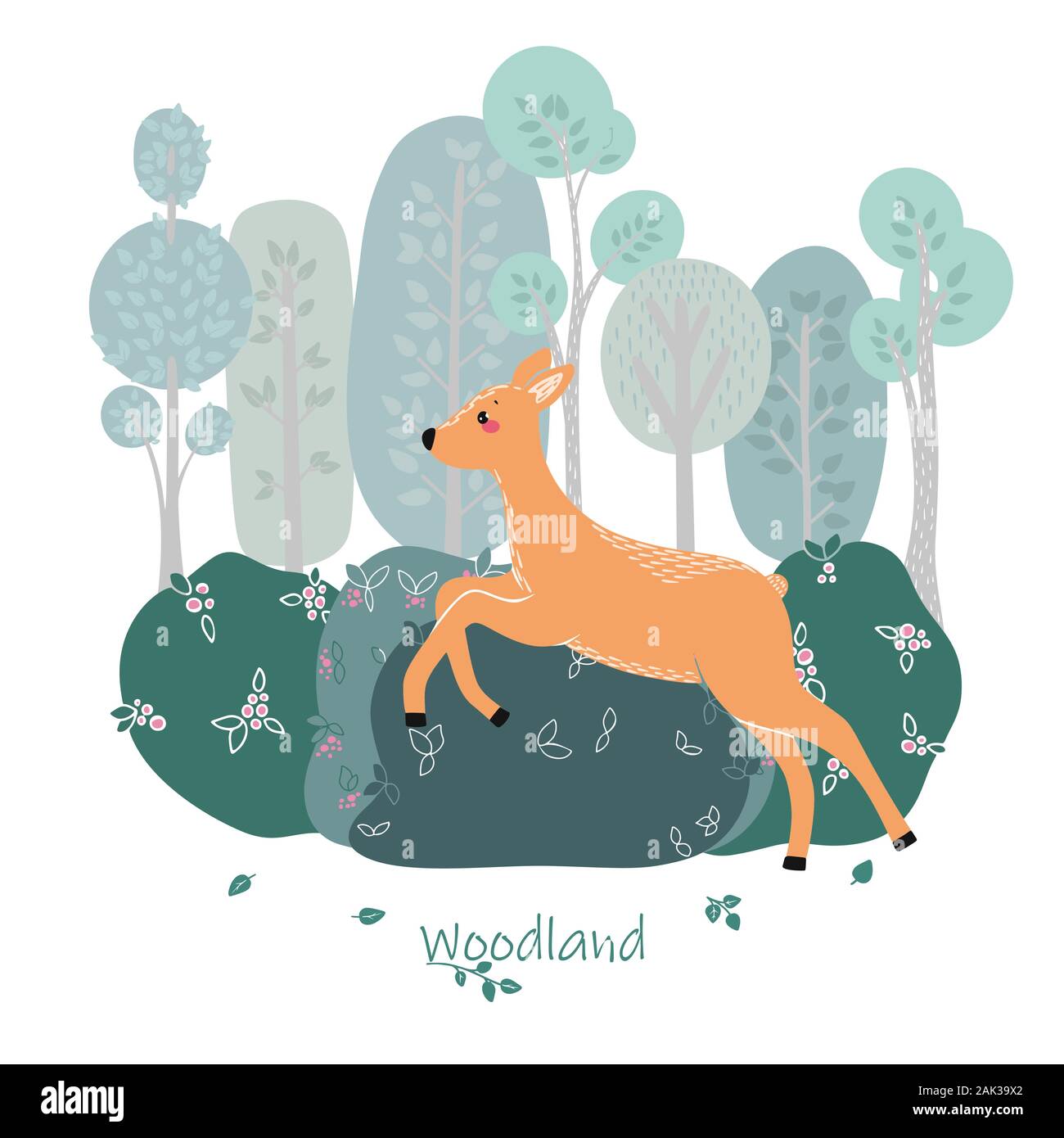 Cute Hirsch, Reh, Rehe auf dem Hintergrund einer Baum-, Pflanzen, Bush. Vector Illustration im skandinavischen Stil. Stock Vektor