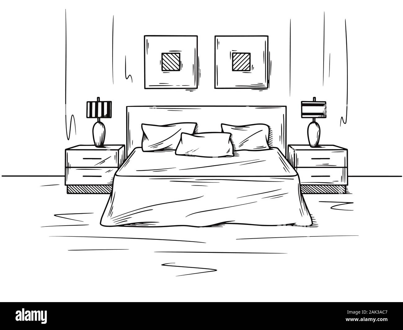 Realistische Skizze der Schlafzimmer. Hand gezeichnete Skizze des Inneren. Vector Illustration Stock Vektor