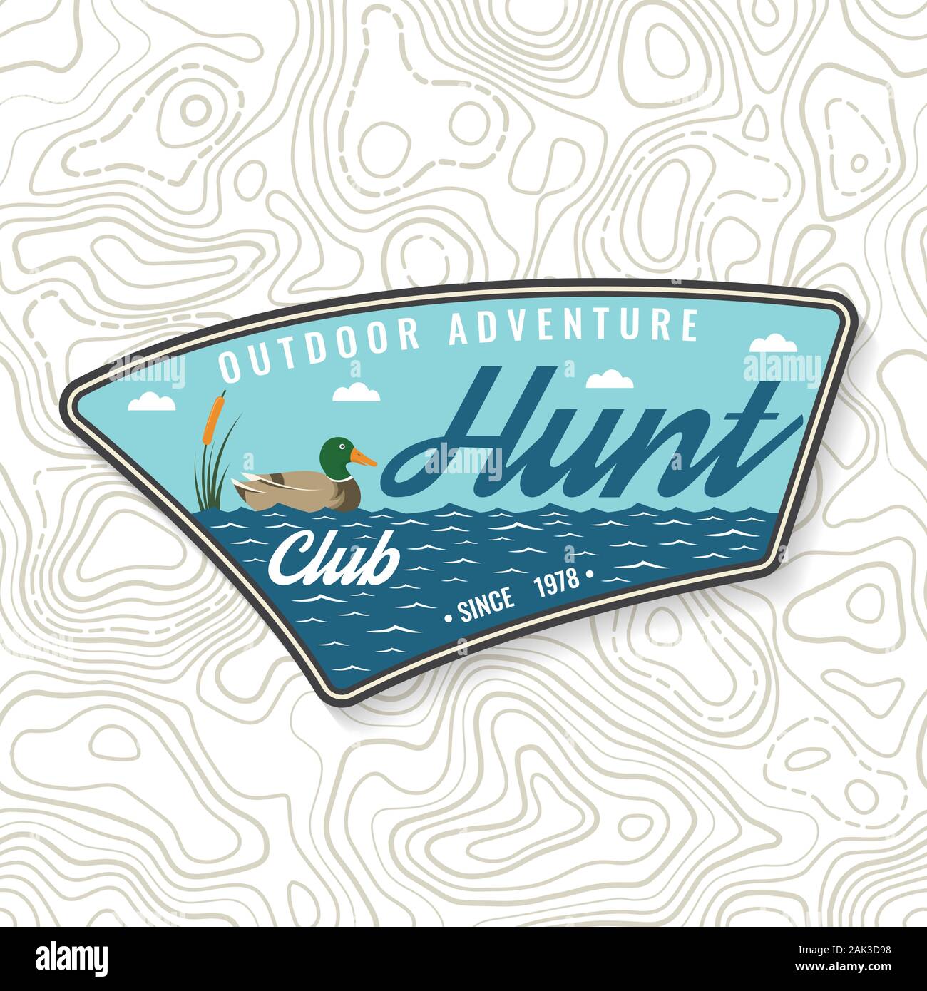 Hunting Club Abzeichen. Vector Illustration. Konzept für Hemd oder Label, Print, Stempel, Abzeichen, Patch. Vintage Typografie Design mit Ente auf dem Wasser Silhouette. Outdoor Adventure Hunt Club Emblem Stock Vektor