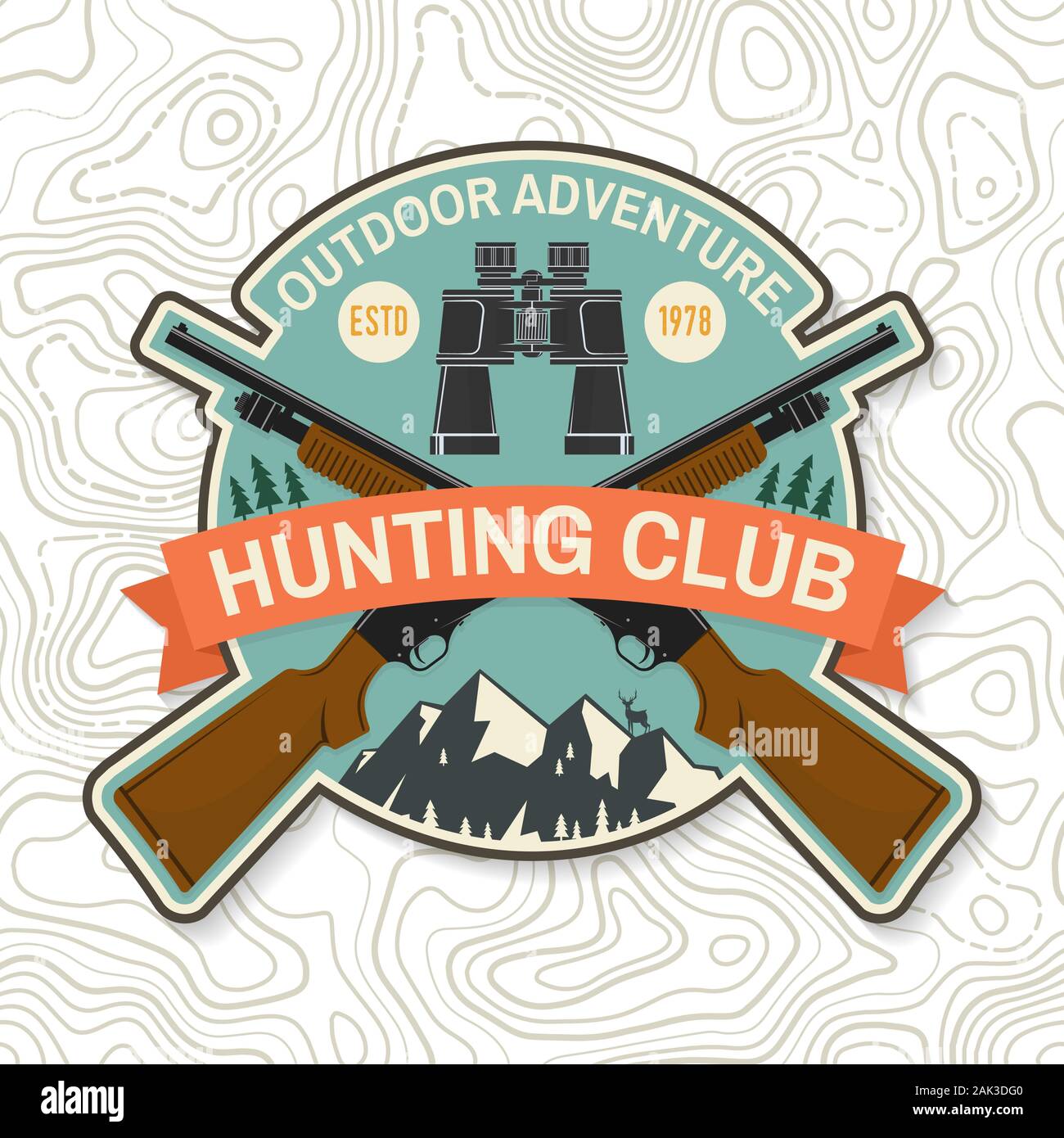 Hunting Club. Vektor. Konzept für Hemd oder Label, Print, Stempel, Patch. Vintage Typografie Design mit Jagd Gewehr, Fernglas, Berge und Wälder Silhouette. Outdoor Adventure Hunt Club Emblem Stock Vektor