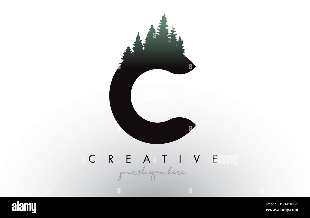 Kreative C Schreiben Logo Idee mit Pinienwald Bäume. Buchstabe C Design mit Pine Tree auf TopVector Abbildung. Stock Vektor