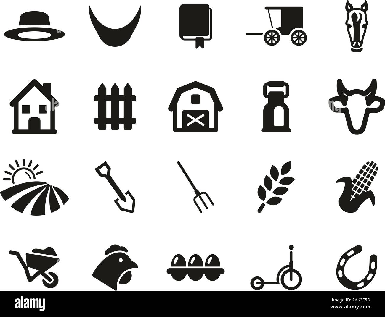 Amish Lifestyle oder Amish Kultur Symbole Schwarz Weiß Set groß Stock Vektor