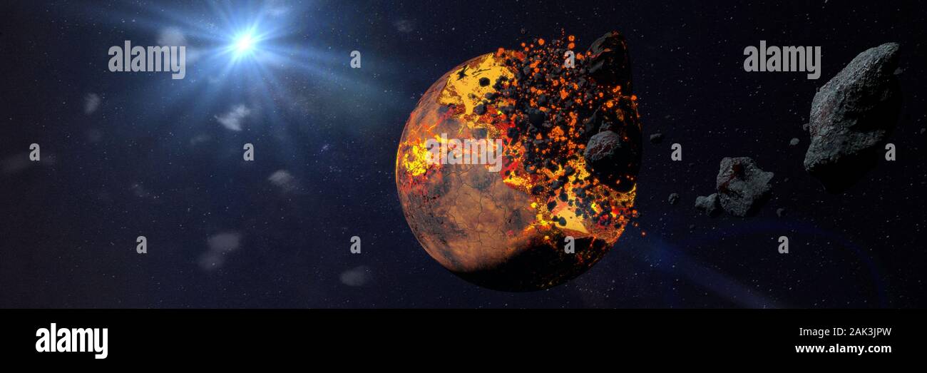 Planetengetriebe Apokalypse, fremde Welt von Asteroiden zerstört Stockfoto