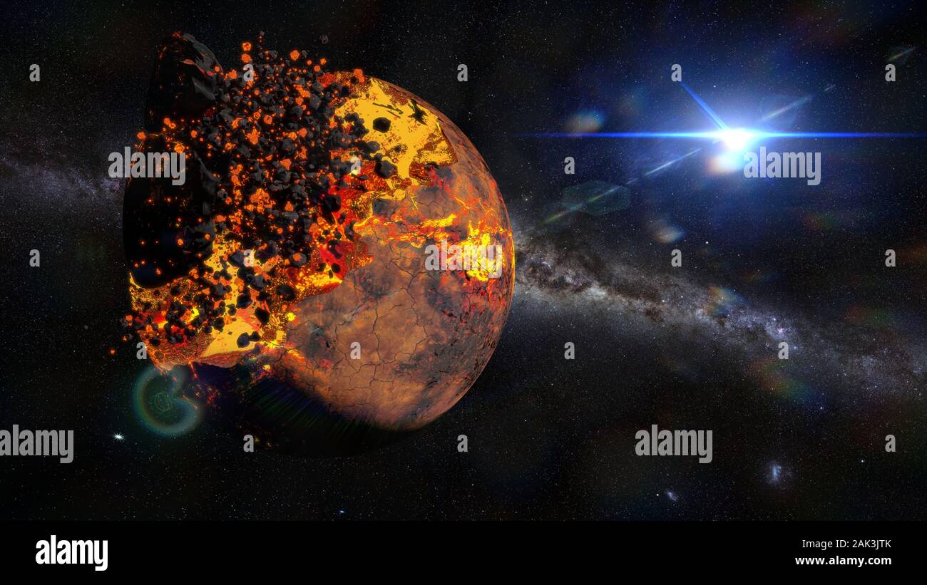 Planetengetriebe Apokalypse, fremde Welt explosion Stockfoto