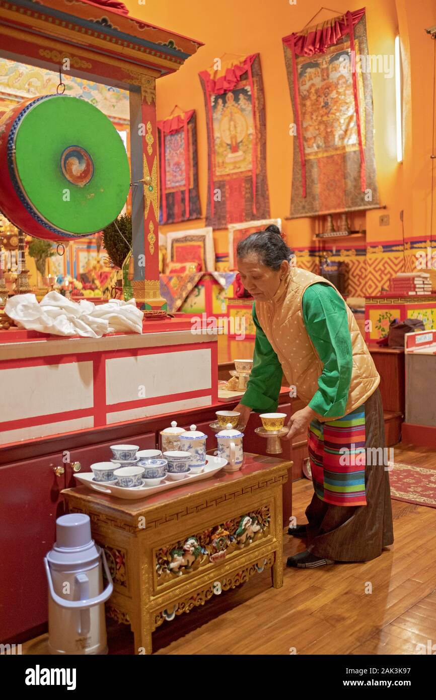 Eine ältere buddhistische Gläubige bereitet heißen Tee für die Mönche und die gemeindemitglieder vor ein Service an einem Tempel in Elmhurst, Queens, New York City. Stockfoto