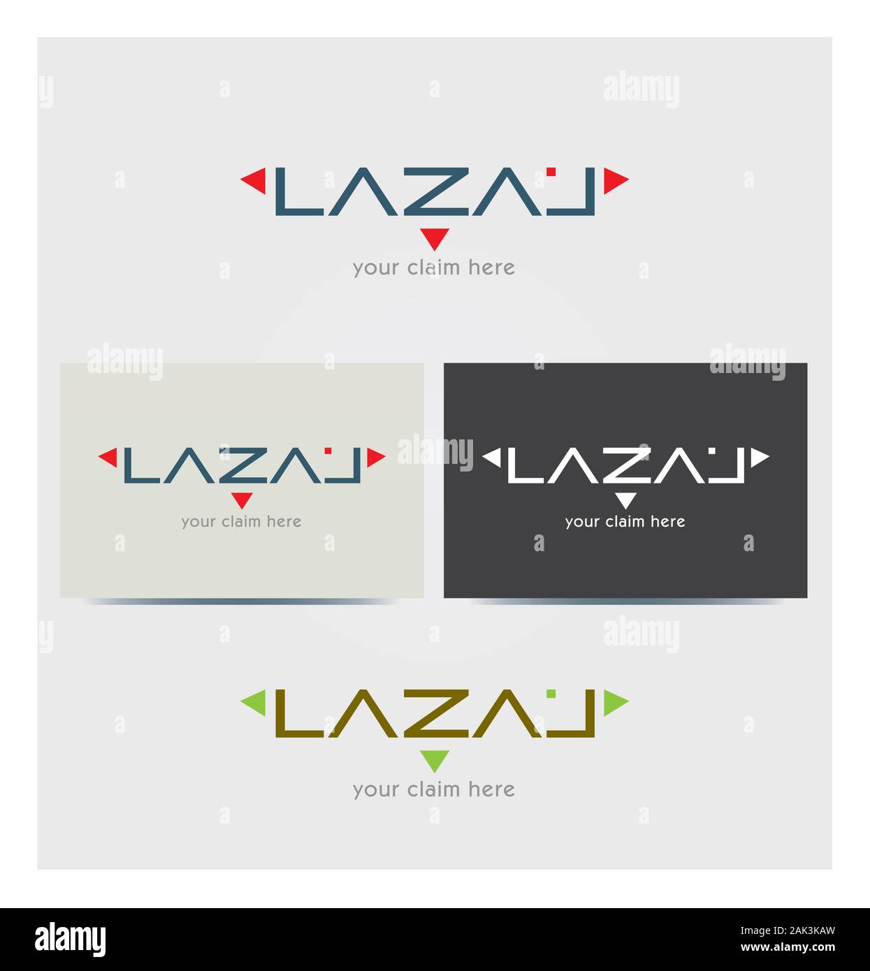 Logo Buchstaben L, A, Z für Business, rotes Dreieck Pfeile, Karte Mock up in mehreren Farben Stock Vektor