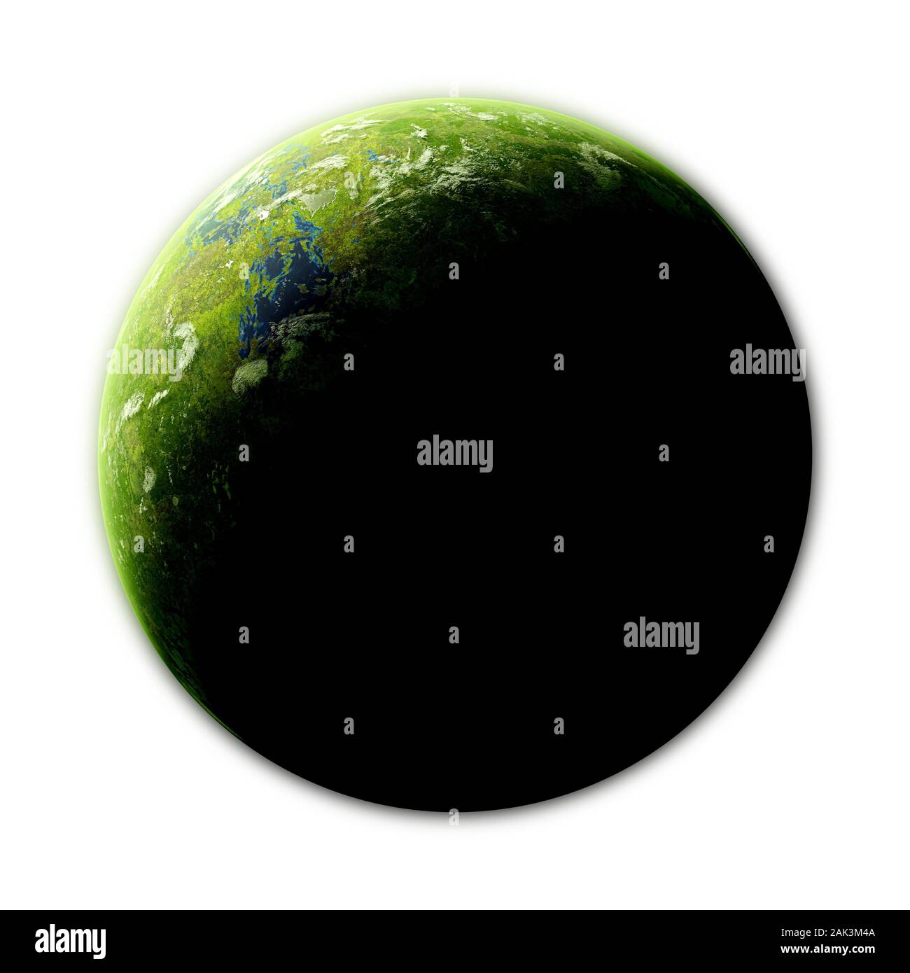 Sonnenaufgang über grüne fremden Planeten, Dschungel Exoplanet mit Oberflächenwasser und Pflanzen auf weißem Hintergrund Stockfoto