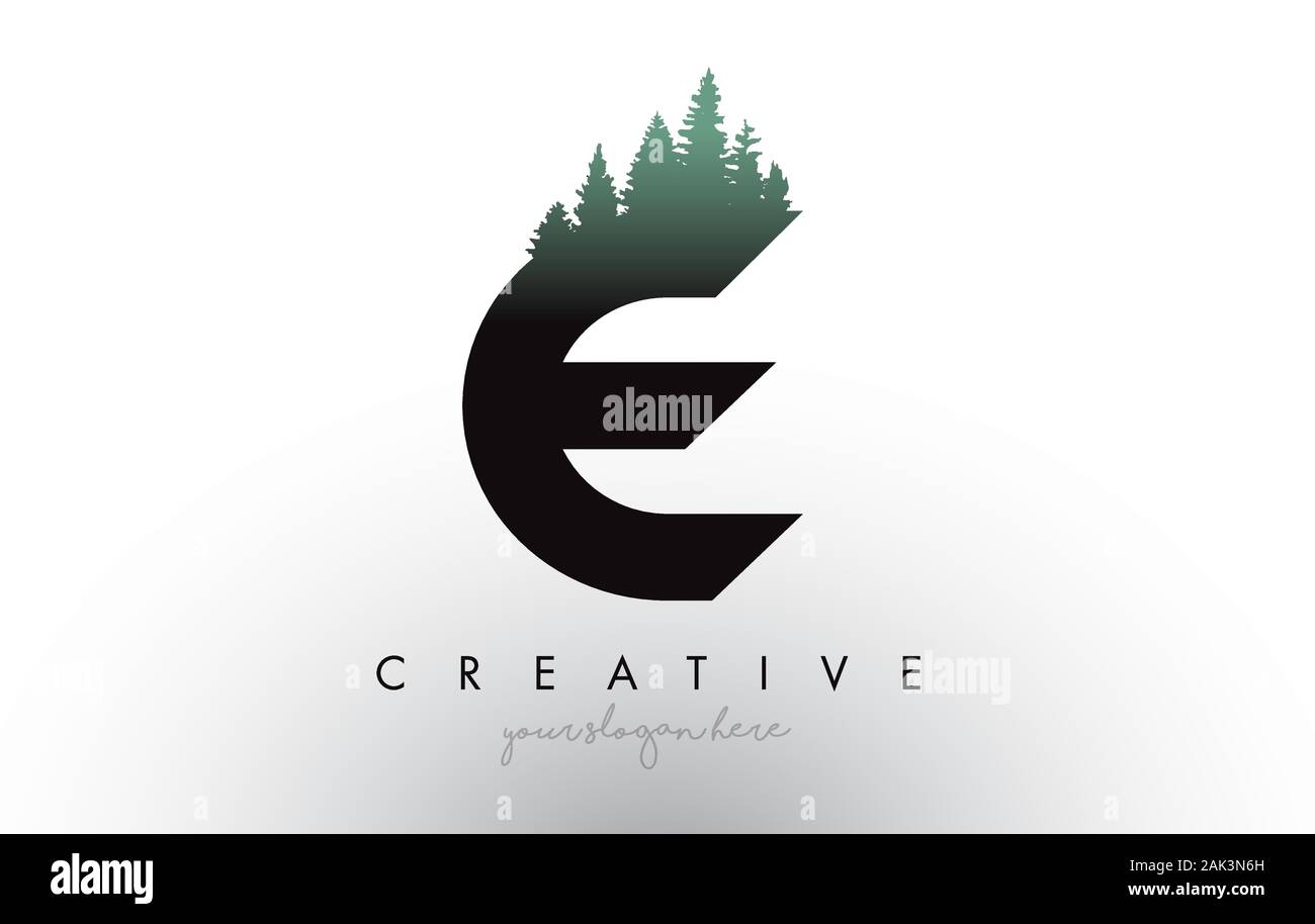 Kreative E Schreiben Logo Idee mit Pinienwald Bäume. Buchstabe E Design mit Pine Tree auf TopVector Abbildung. Stock Vektor
