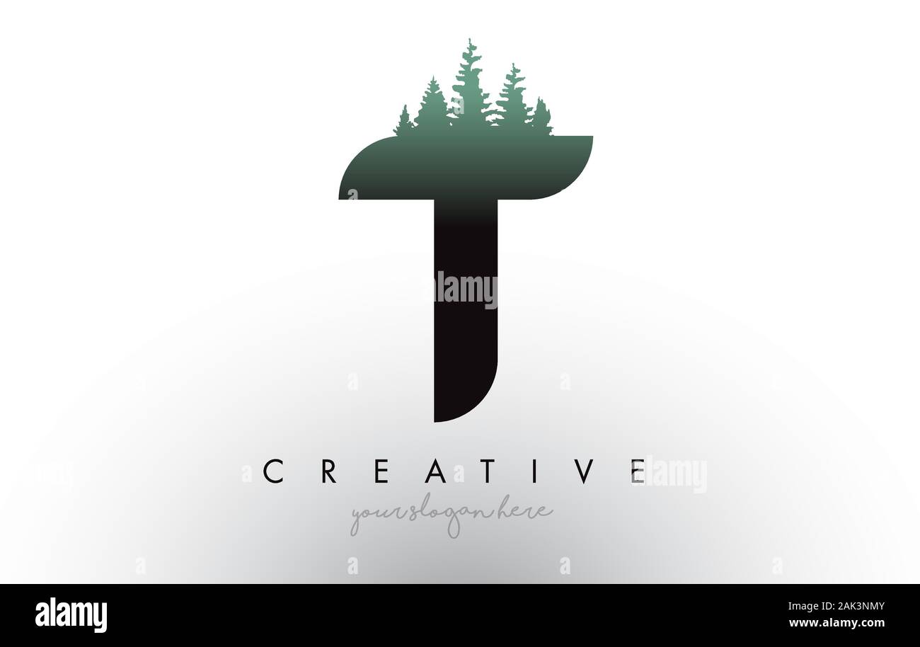Kreative T Schreiben Logo Idee mit Pinienwald Bäume. Buchstaben T Design mit Pine Tree auf TopVector Abbildung. Stock Vektor