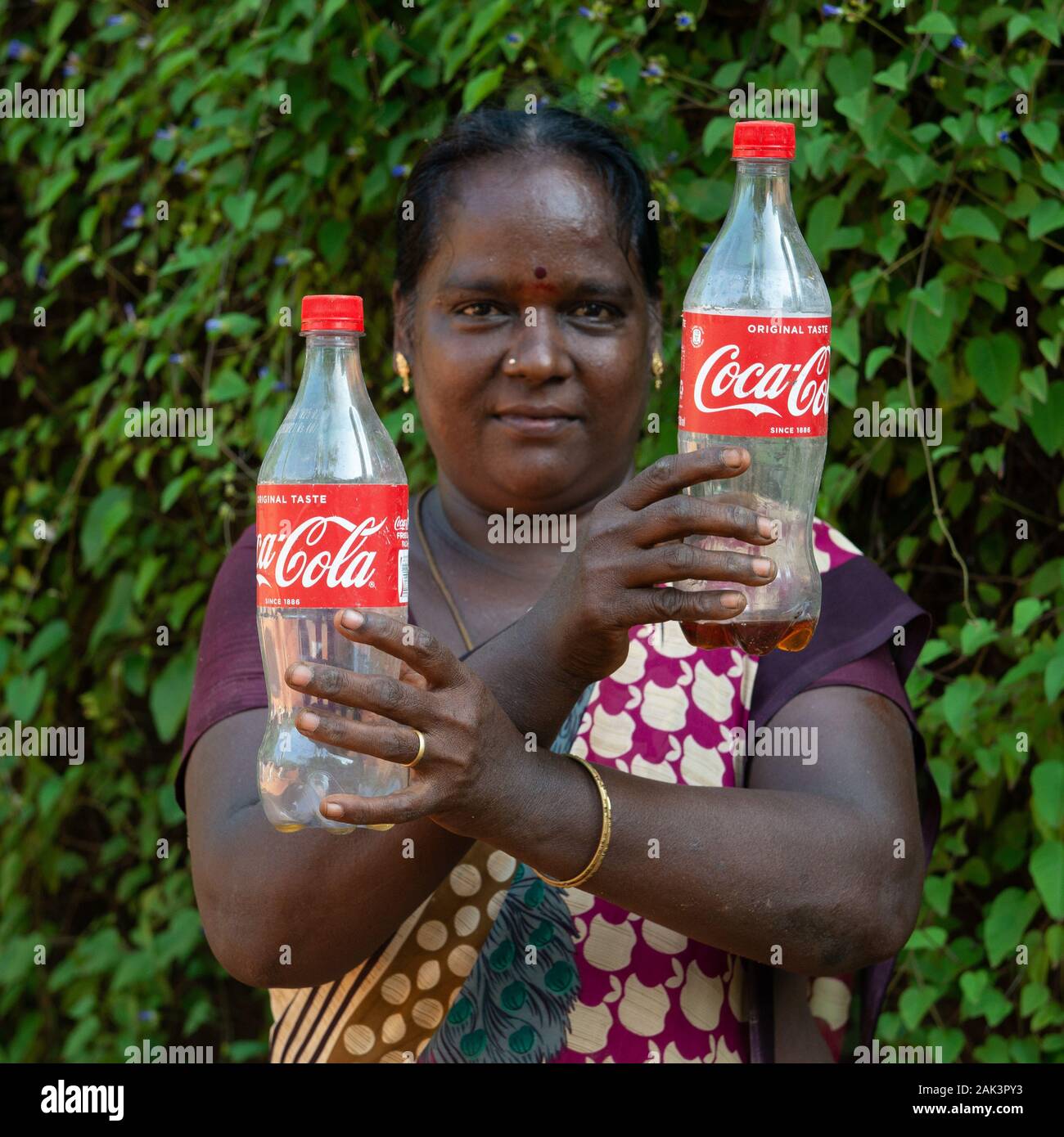 Auroville, Indien - 21. September 2019: Das weltweit Suche umweltschädlichsten Marke im globalen Prüfung der Kunststoffabfälle. Stockfoto