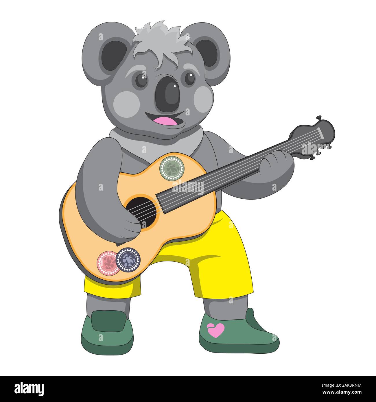 Koala Tiere Charakter mit Gitarre in Sneakers und Kurzschlüsse auf weißem Hintergrund isoliert. Vektorbild Stock Vektor