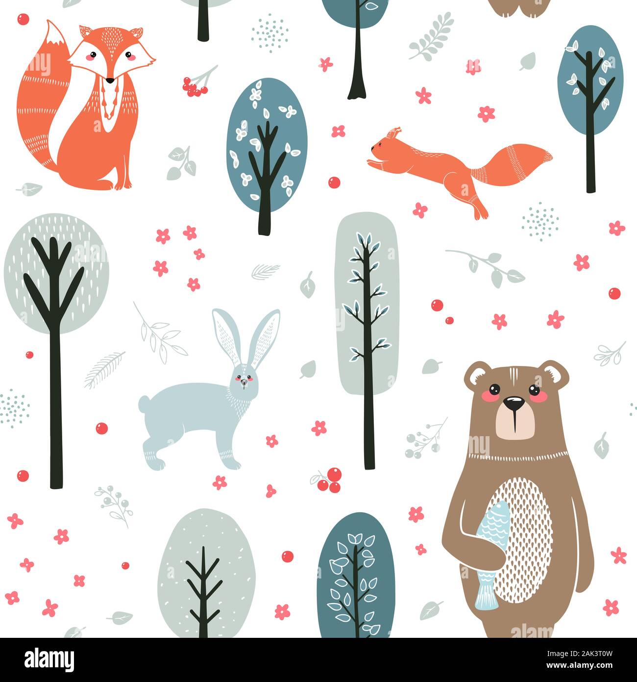 Nahtlose Muster. Süße Tiere auf dem Hintergrund der Wald, Bäume, Pflanzen. Bären, Füchse, Eichhörnchen, Hase. Waldtiere. Vektorgrafiken in der Stock Vektor