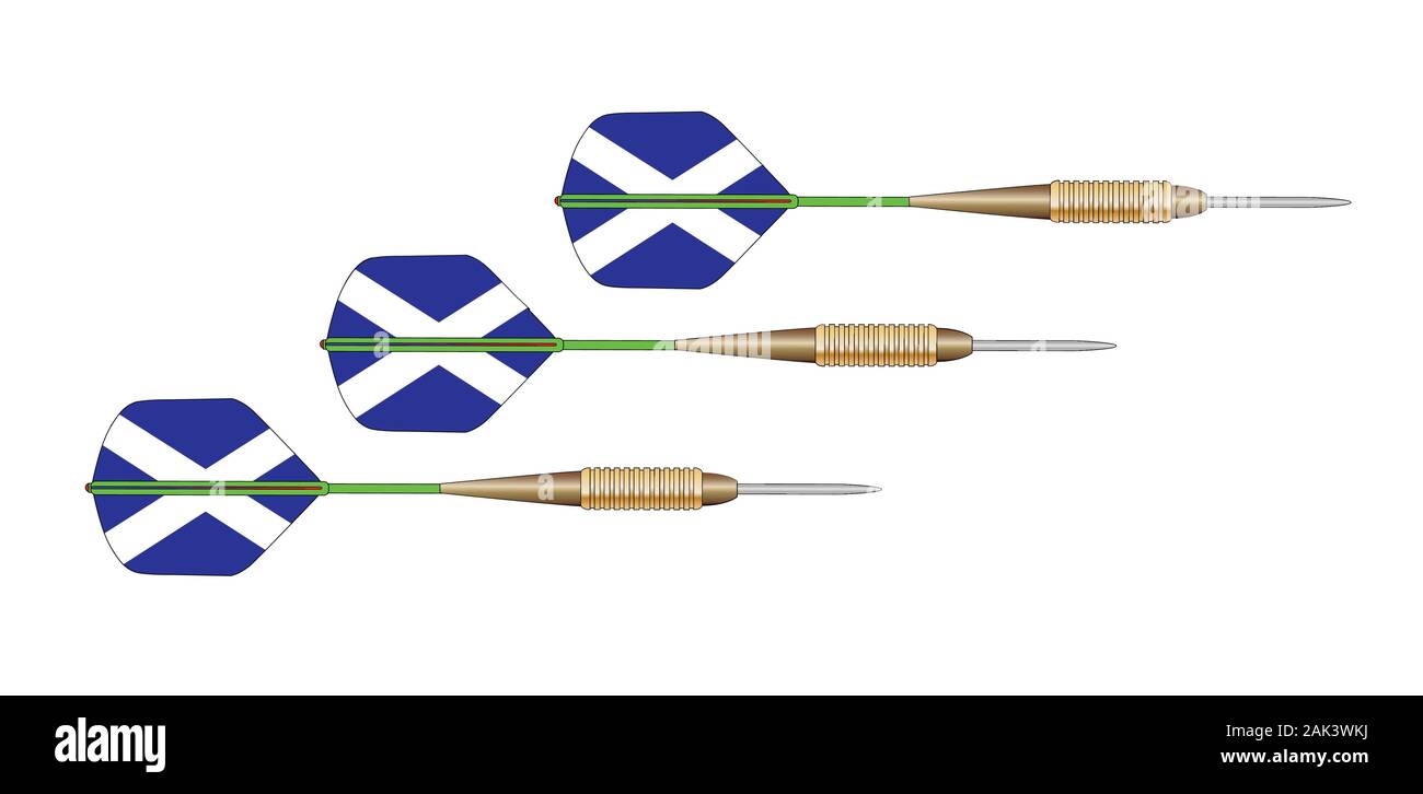 Ein Set von 3 Darts mit Flügen in Form der Flagge Schottland Kreuz auf weißem Hintergrund Stock Vektor