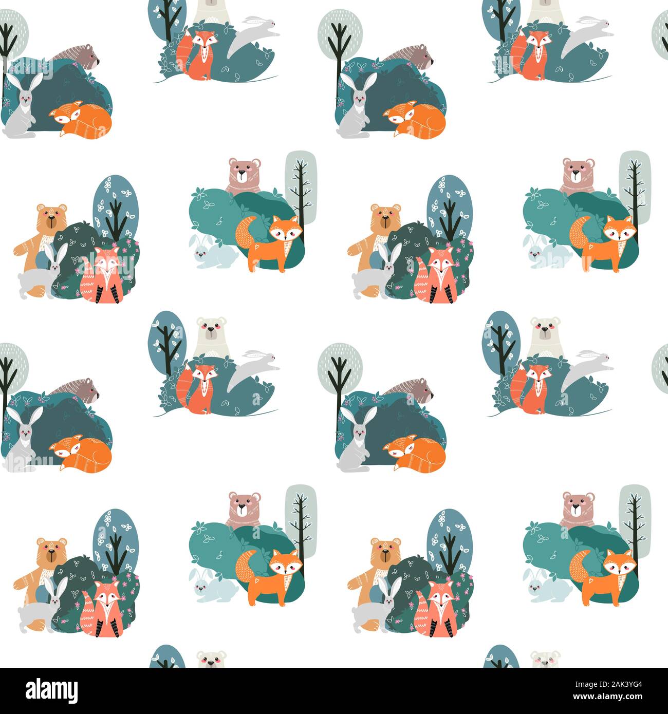 Nahtlose Muster mit niedlicher Bär, Fuchs, Hase und Kaninchen auf einem Hintergrund von Pflanzen. Abbildung Hand im skandinavischen Stil gezeichnet. Stock Vektor