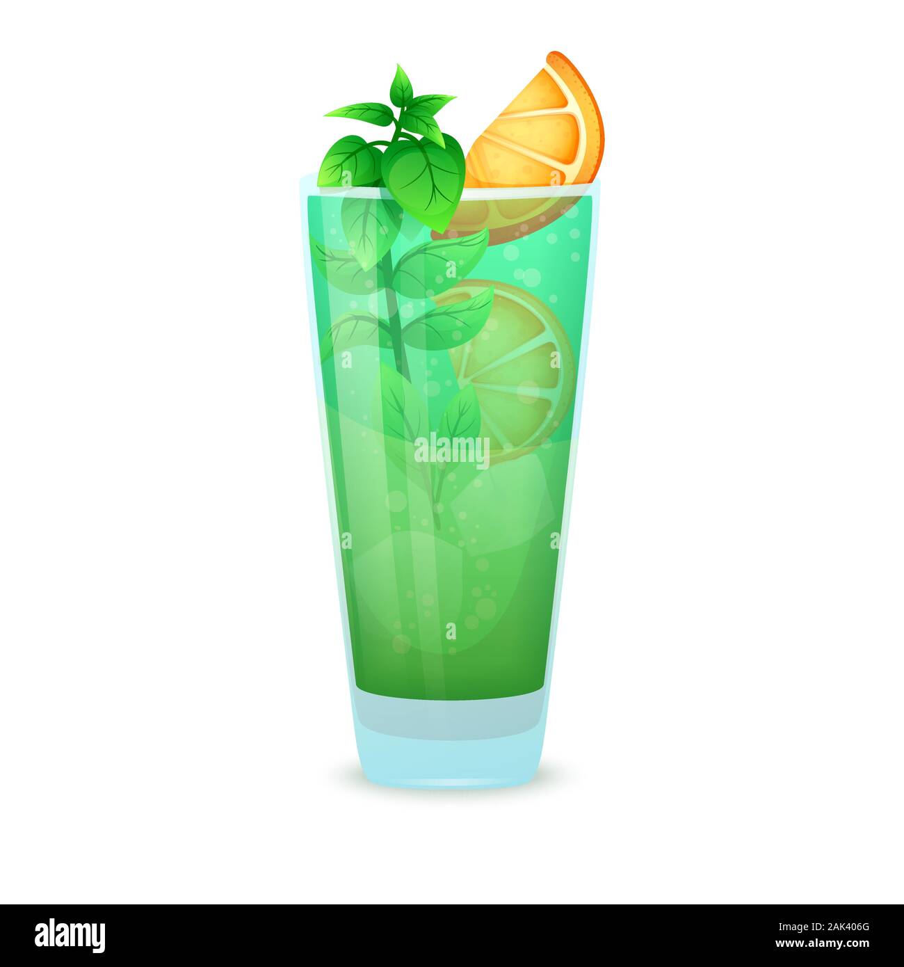Realistische Cocktail auf weißem Hintergrund. Cocktail in ein Glas mit verschiedenen Elementen. Vector Illustration Stock Vektor
