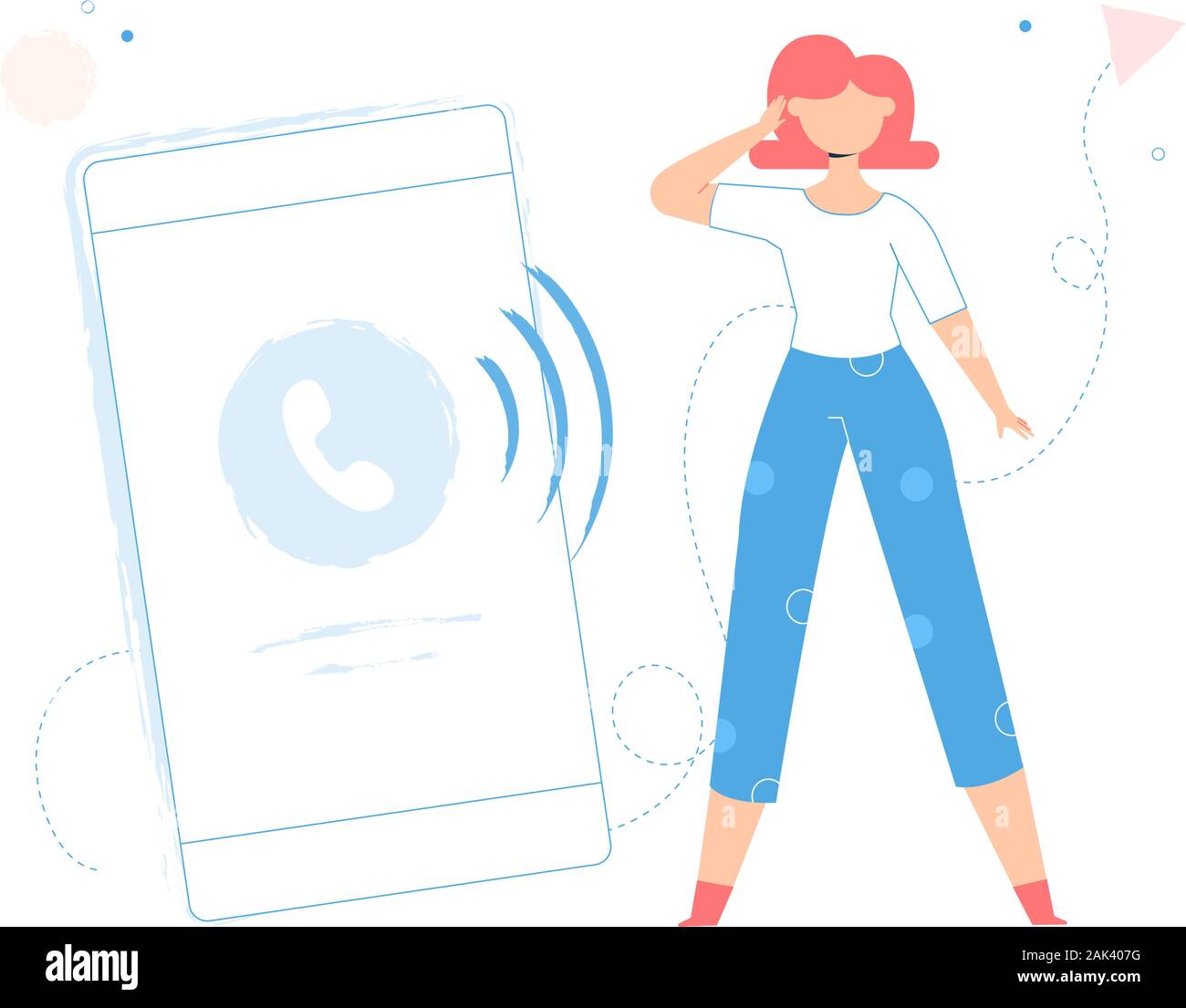 Das Mädchen ist in der Nähe zu einem großen Smartphone. Stock Vektor