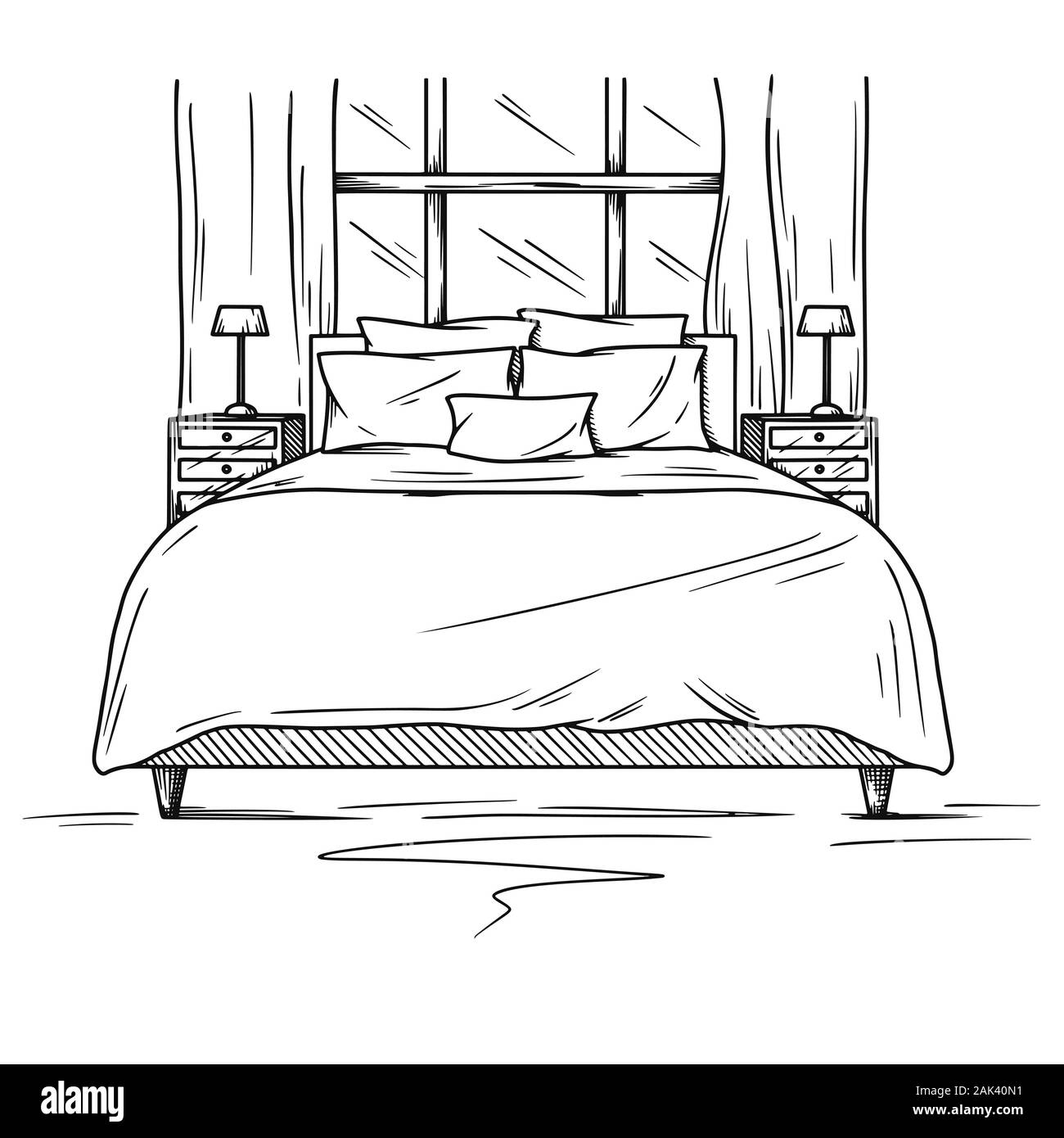 Realistische Skizze der Schlafzimmer. Hand gezeichnete Skizze des Inneren. Vector Illustration Stock Vektor