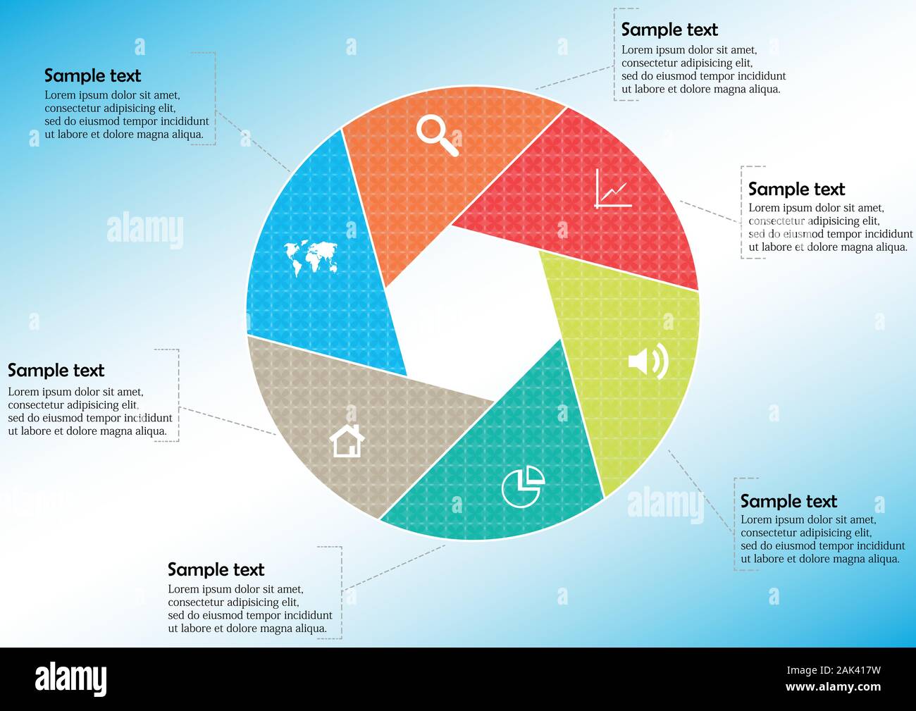 Vektor Infografik Vorlage mit Kreis zu sechs Farbe Teilen sechseckige Form zu erstellen. Alle Abschnitte enthalten Muster und Strukturen zu füllen. Backgroun Stock Vektor