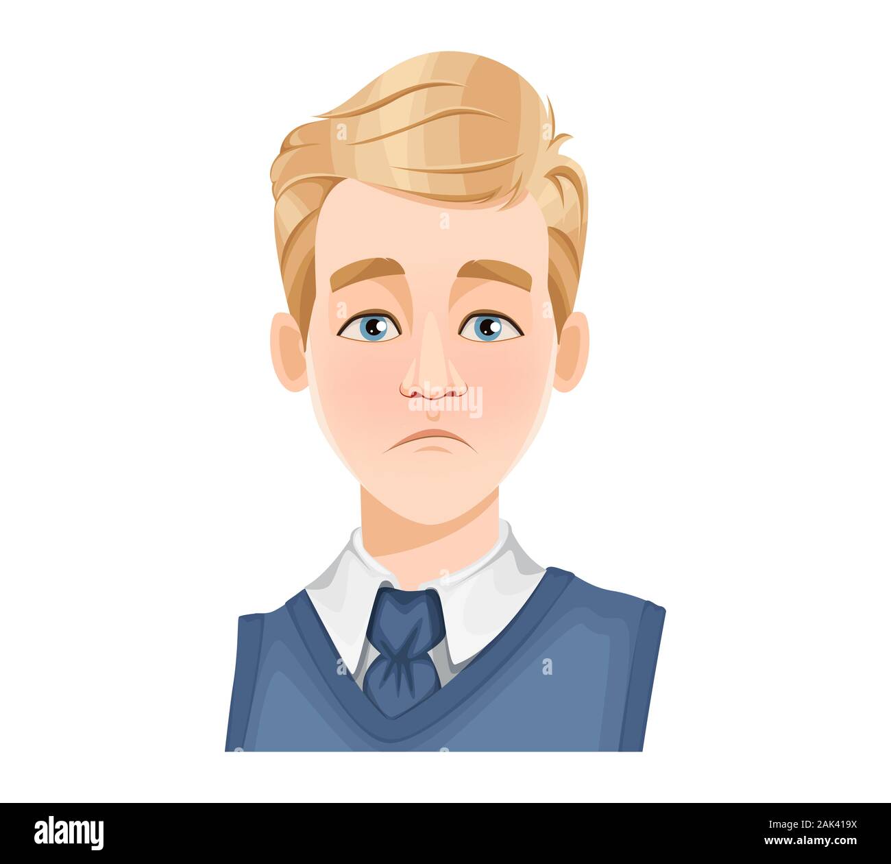 Gesichtsausdruck von stattlicher Mann mit blonden Haaren, traurig. Männliche Emotion. Avatar. Cartoon Charakter. Vector Illustration auf weißem Hintergrund. Stock Vektor