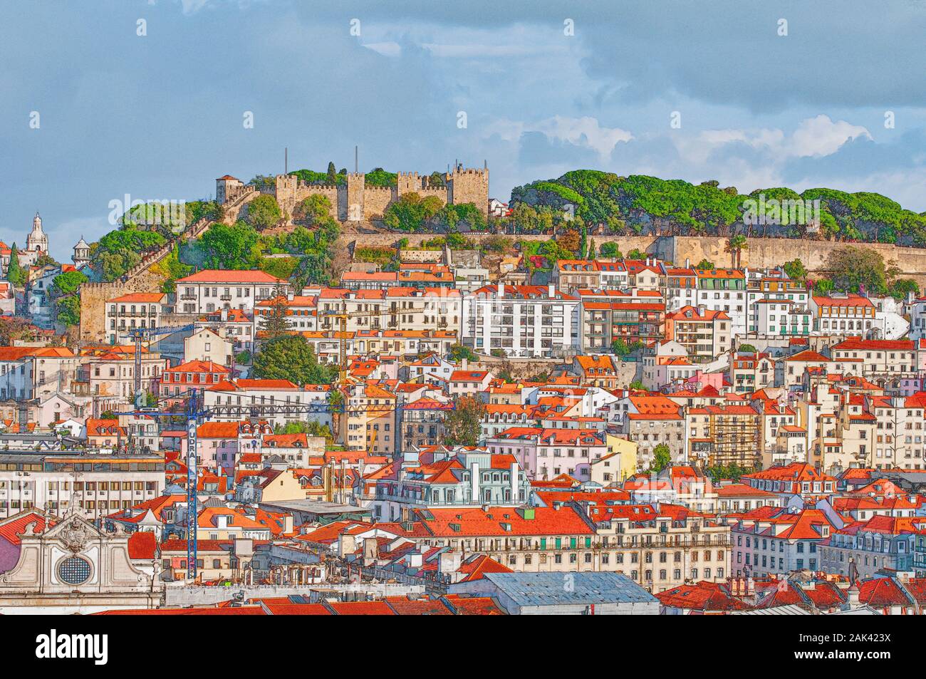 Digital verbesserte Bild eines der Blick vom Miradouro de Sao Pedro de Alcantara in der Bairro Alto, Lissabon, Portugal Stockfoto
