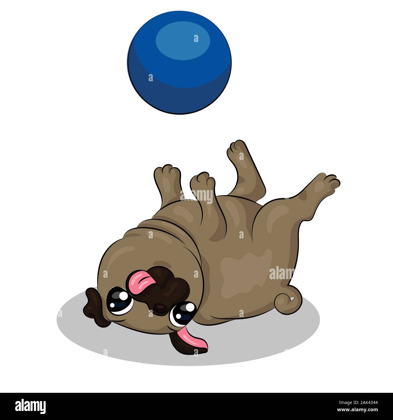 Hund mops Invertiert mit blauen Ball im weißem Hintergrund Stock Vektor