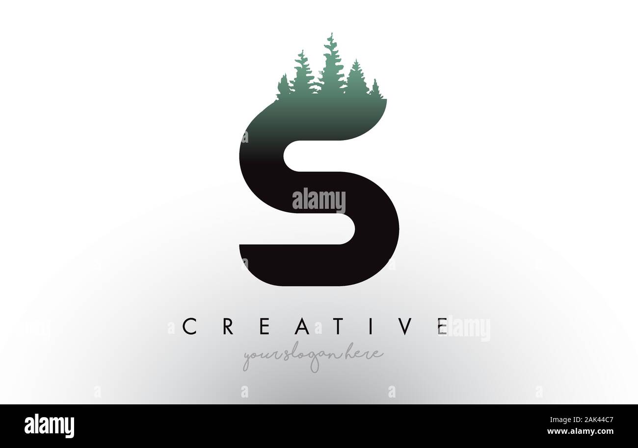 Kreatives Schreiben Logo Idee mit Pinienwald Bäume. Buchstabe S Design mit Pine Tree auf TopVector Abbildung. Stock Vektor