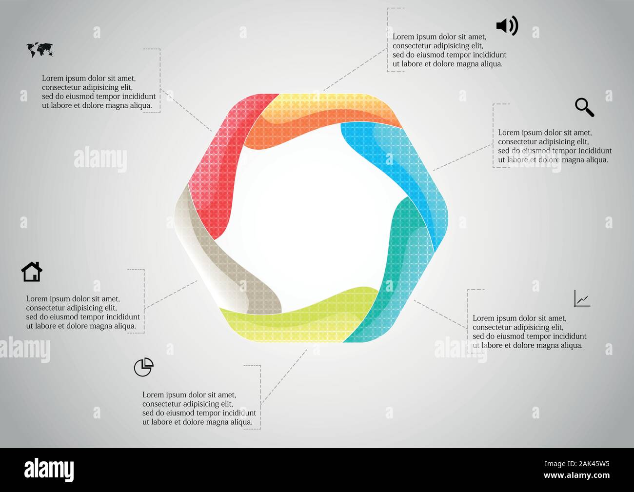 Vektor Infografik Vorlage mit bunten Sechseck. Sechseck wird durch sechs gebogene Elemente geschaffen. Alle Abschnitte enthalten Muster und Strukturen zu füllen. Backgroun Stock Vektor