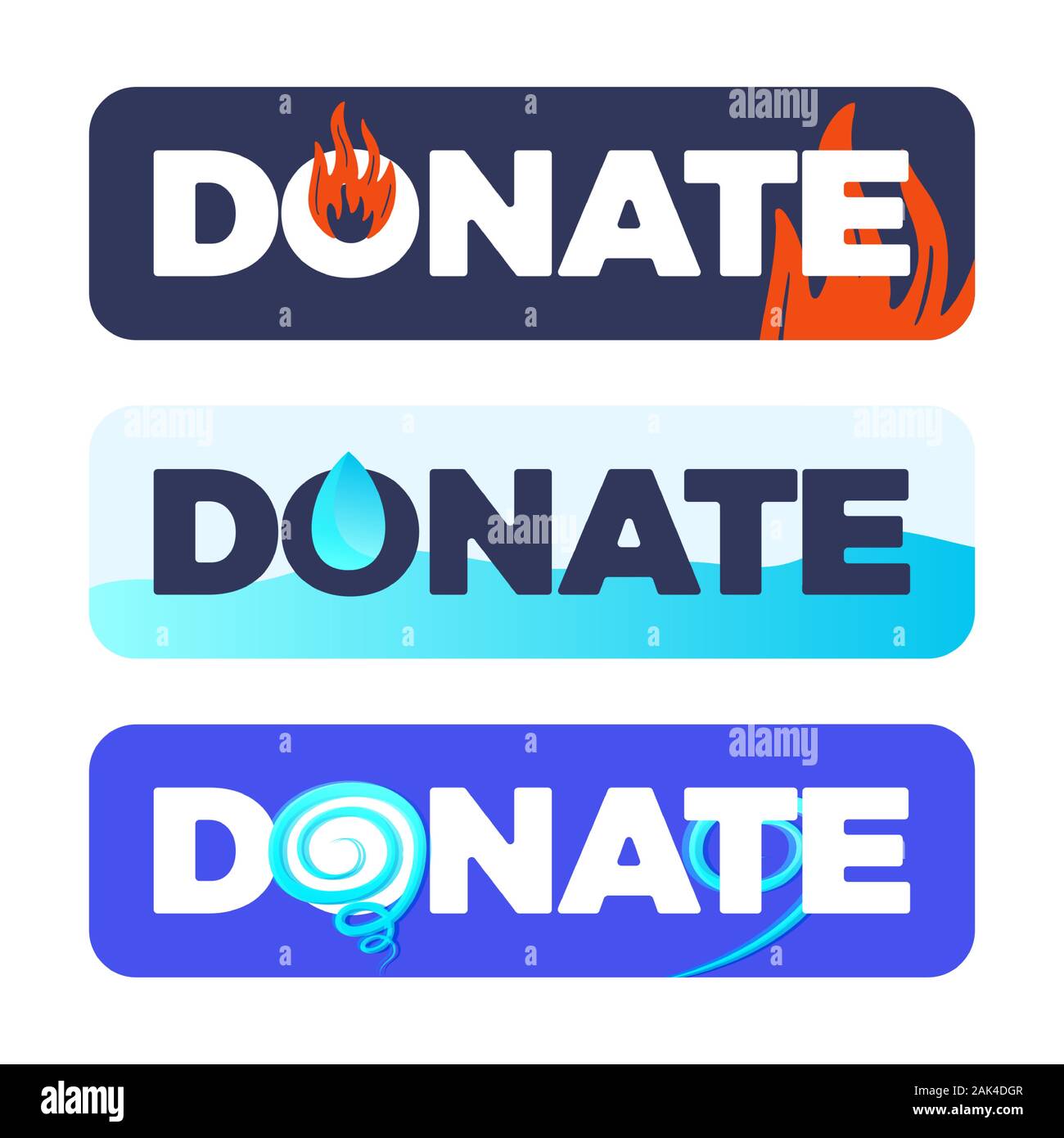 Die Taste für Spenden oder materielle Unterstützung für Naturkatastrophen, Feuer, Überschwemmung, Hurrikan, Tornado. Naturkatastrophe Fundraising. Stock Vektor