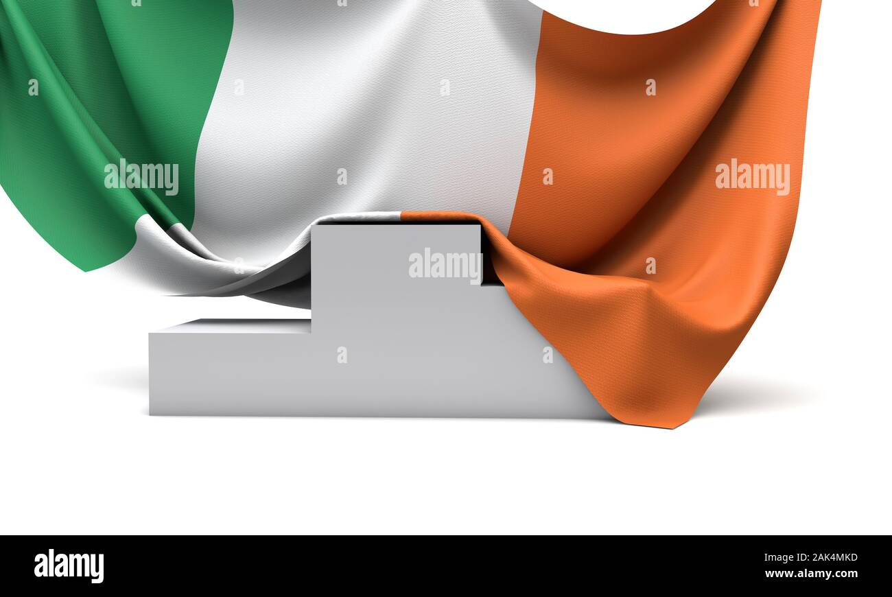 Irland Fahne drapiert über einen Wettbewerb Siegertreppchen. 3D-Rendering Stockfoto