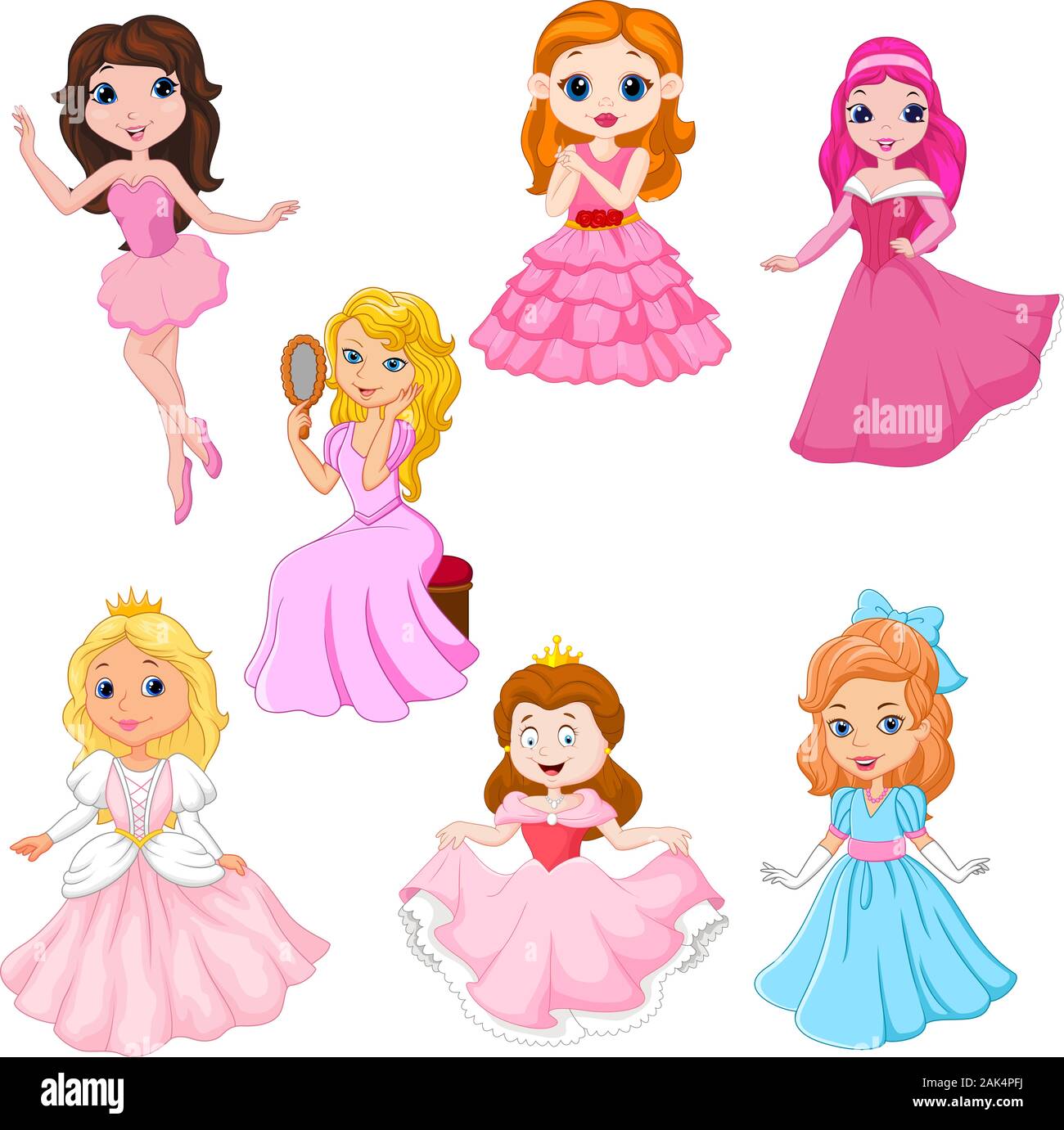 Satz von cute cartoon Prinzessinnen auf weißem Hintergrund Stock Vektor