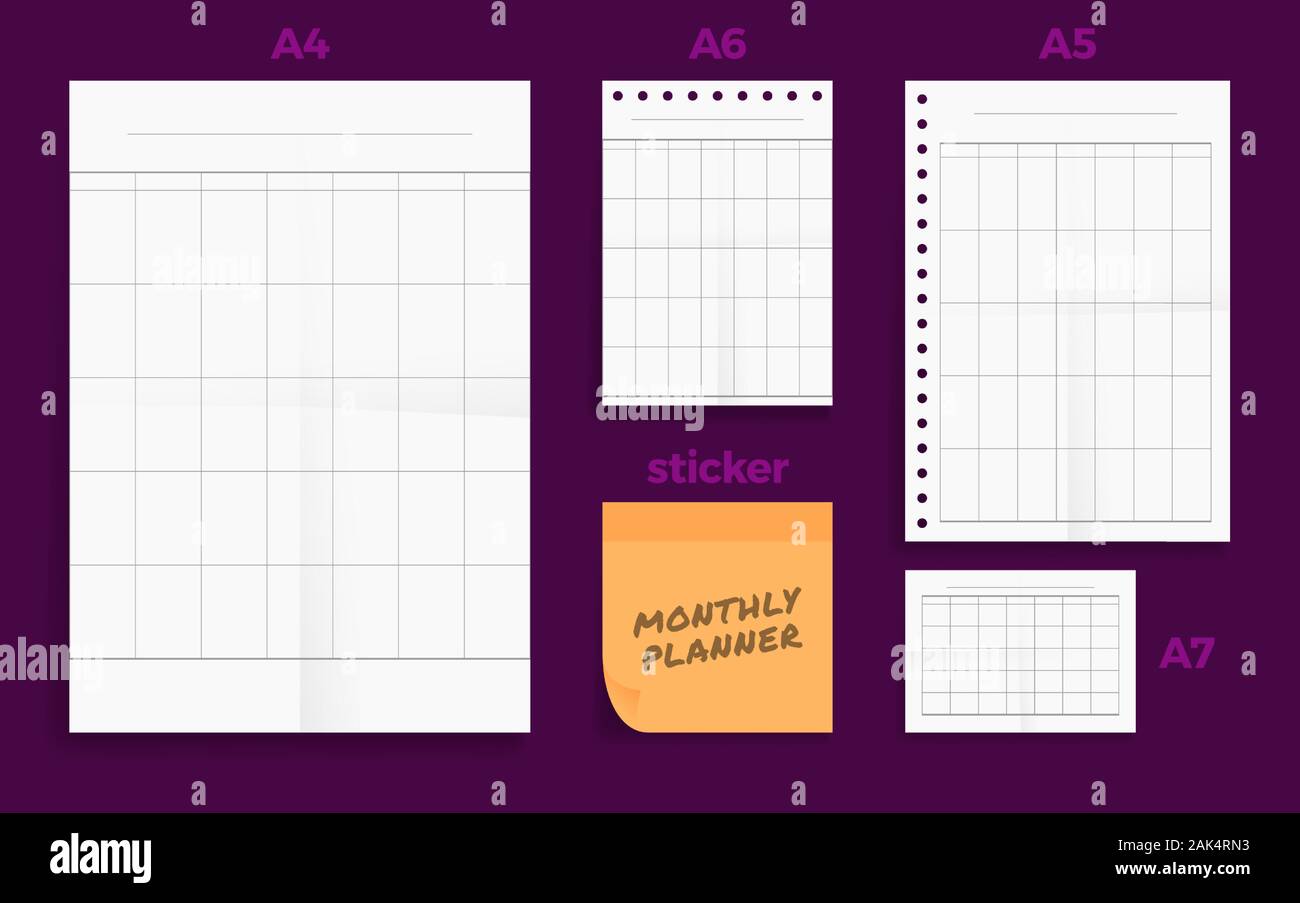 Satz von Zerknitterten vier Standart leer wöchentlicher Planer Serie ein Format, Papier A4, A5, A6 und A7-Größe mit Hinweis Aufkleber Stock Vektor