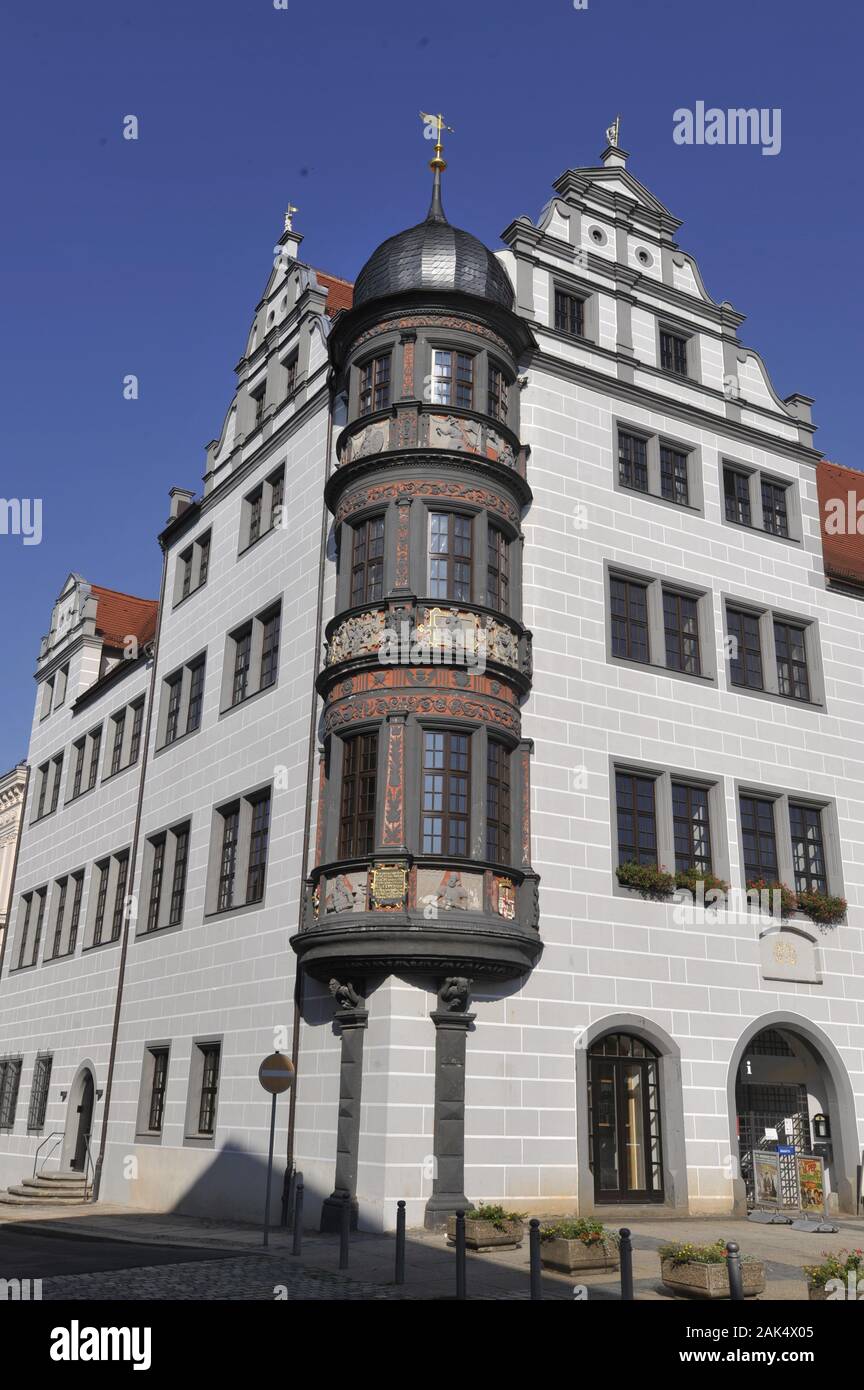 Torgau: Rathaus auf dem Marktplatz, eckerker am suedlichen Querhaus, Leipzig | Verwendung weltweit Stockfoto