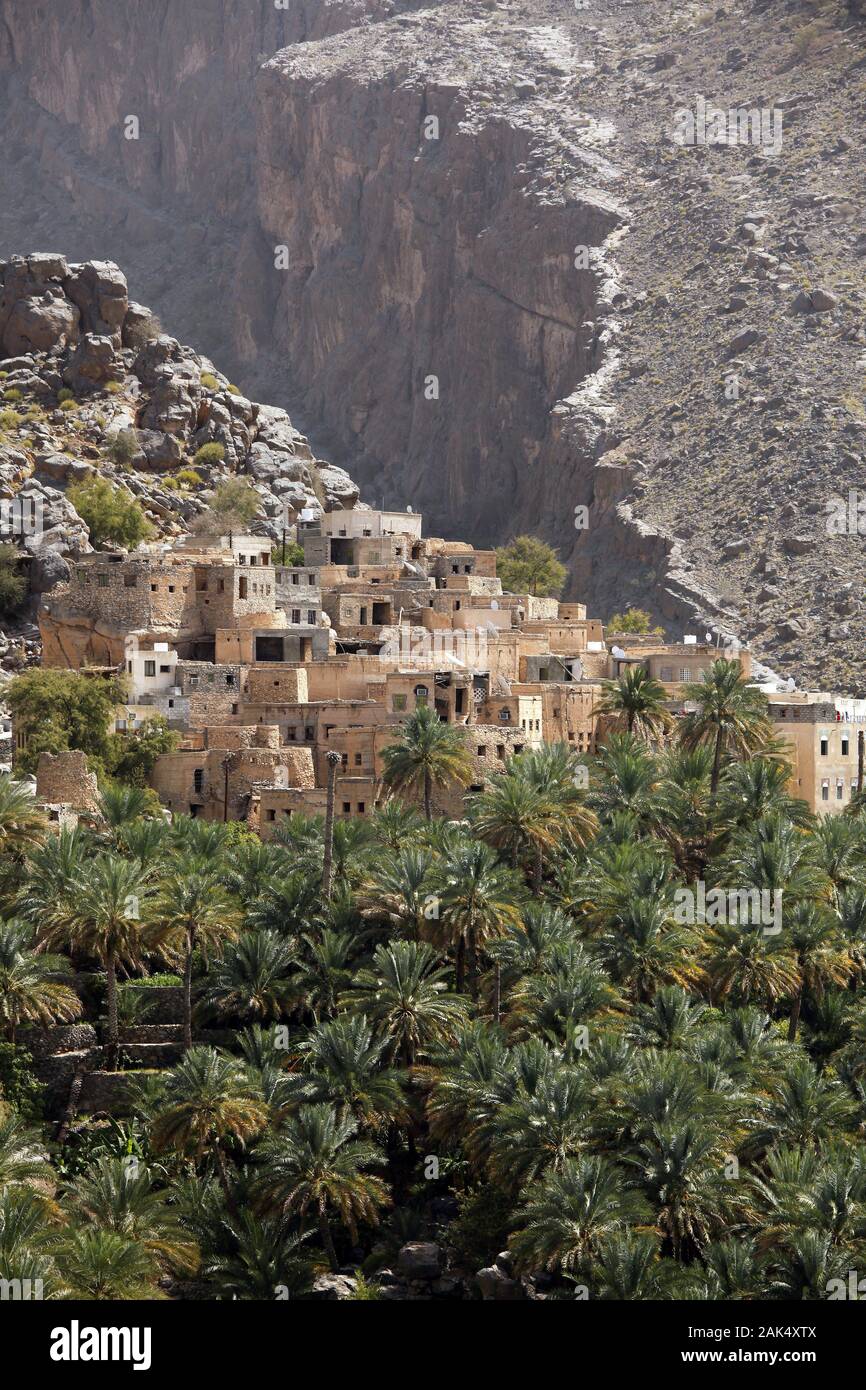 Sultanat Oman: Blick auf das Bergdorf Abreen Misfat al, Dubai | Verwendung weltweit Stockfoto