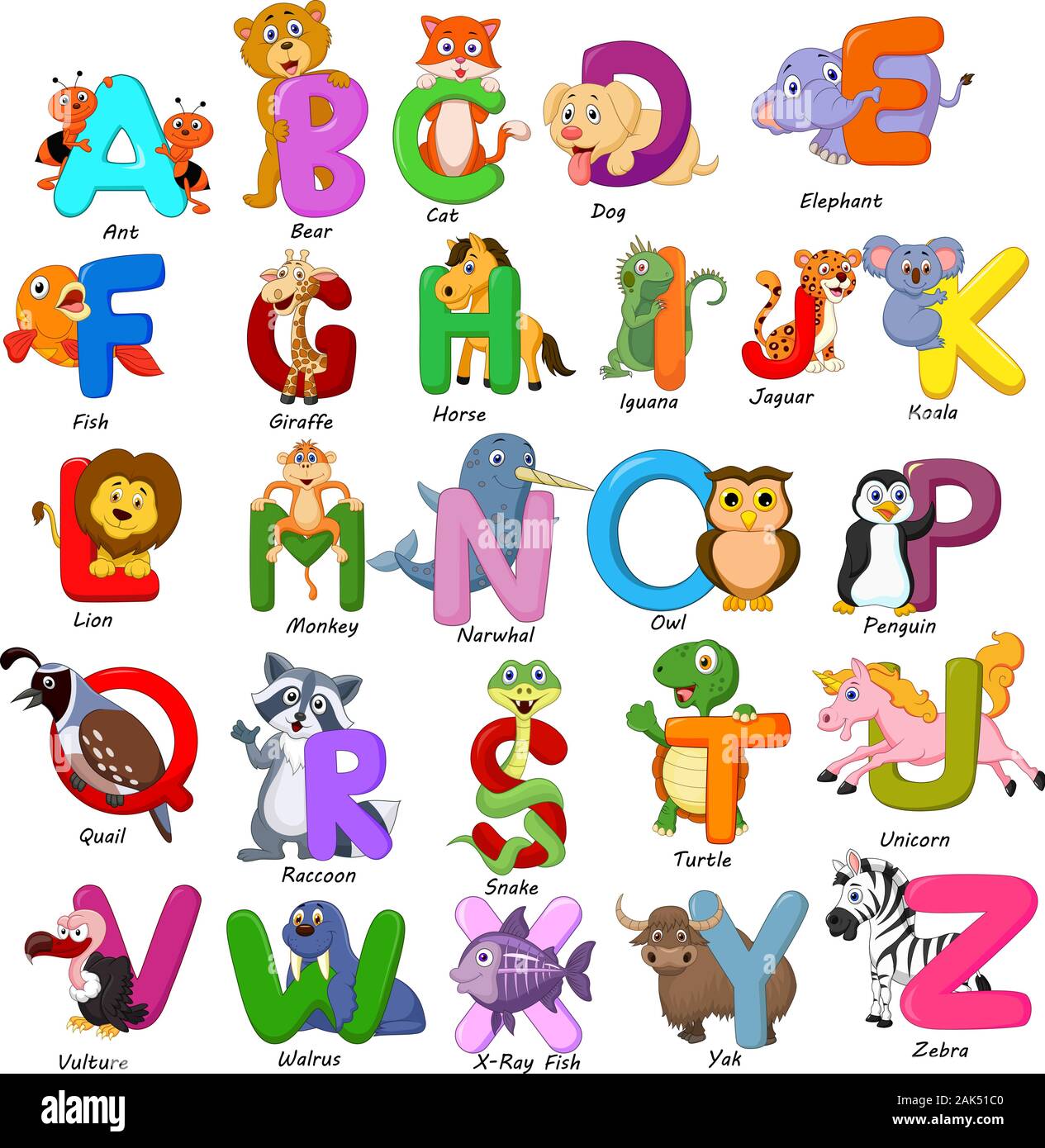 Tiere Alphabet auf weißem Hintergrund Stock Vektor