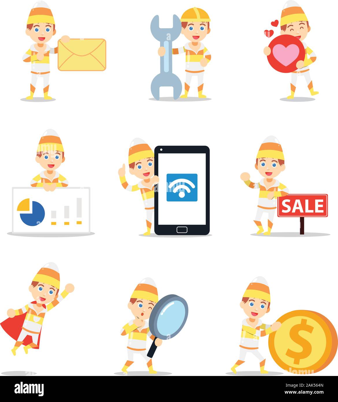 Einstellen der männlichen in einem Candy corn niedlichen Charakter. Stock Vektor