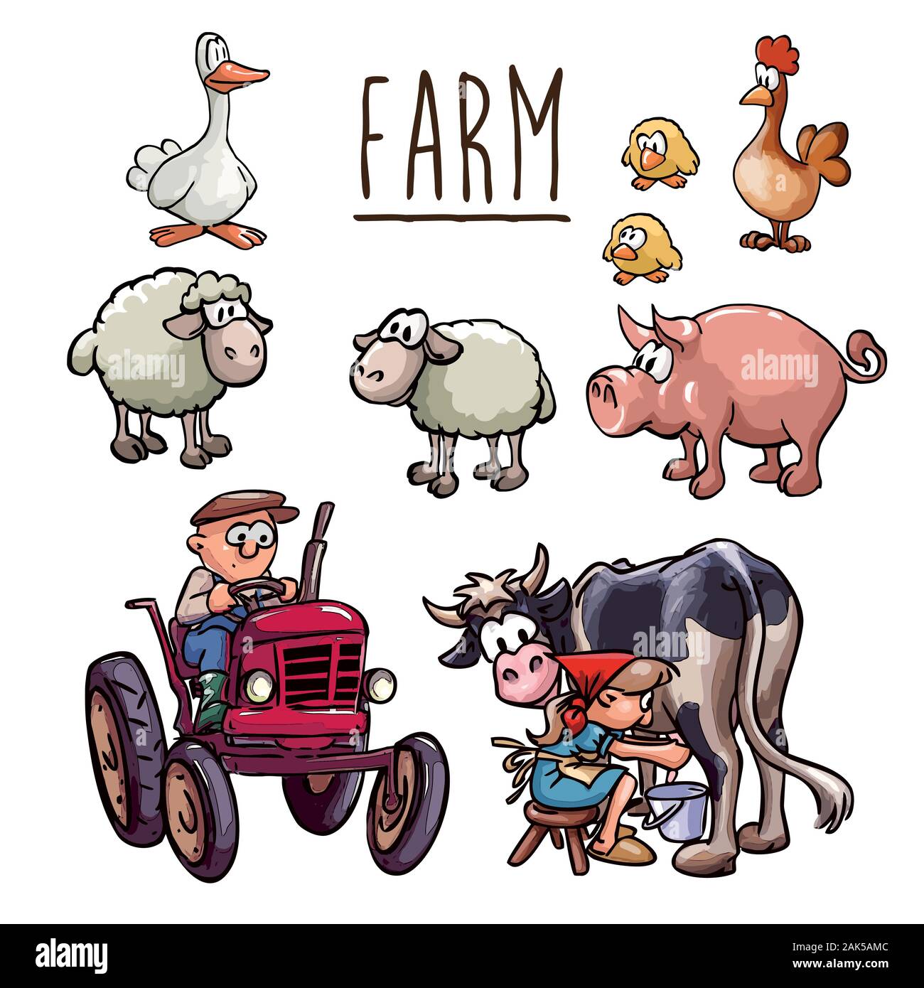 Cartoon Illustration - Landwirt beim Fahren eines Traktors, eine Bäuerin melkende Kuh und Satz von Nutztieren (Huhn, Hühner, Schafe, Gänse und Schweine) - isoliert Stock Vektor