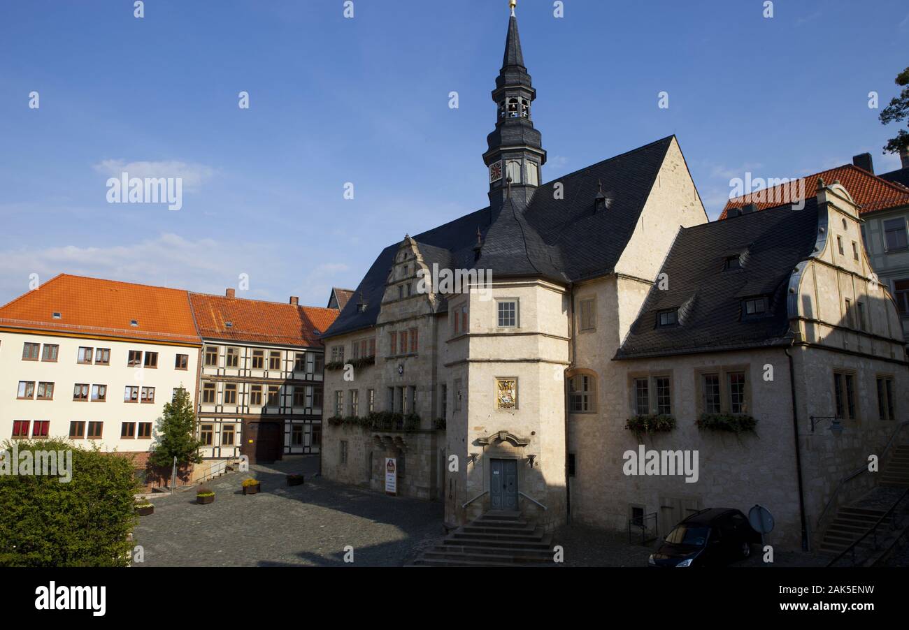 Blankenburg: historisches Rathaus am Marktplatz, Harz | Verwendung weltweit Stockfoto