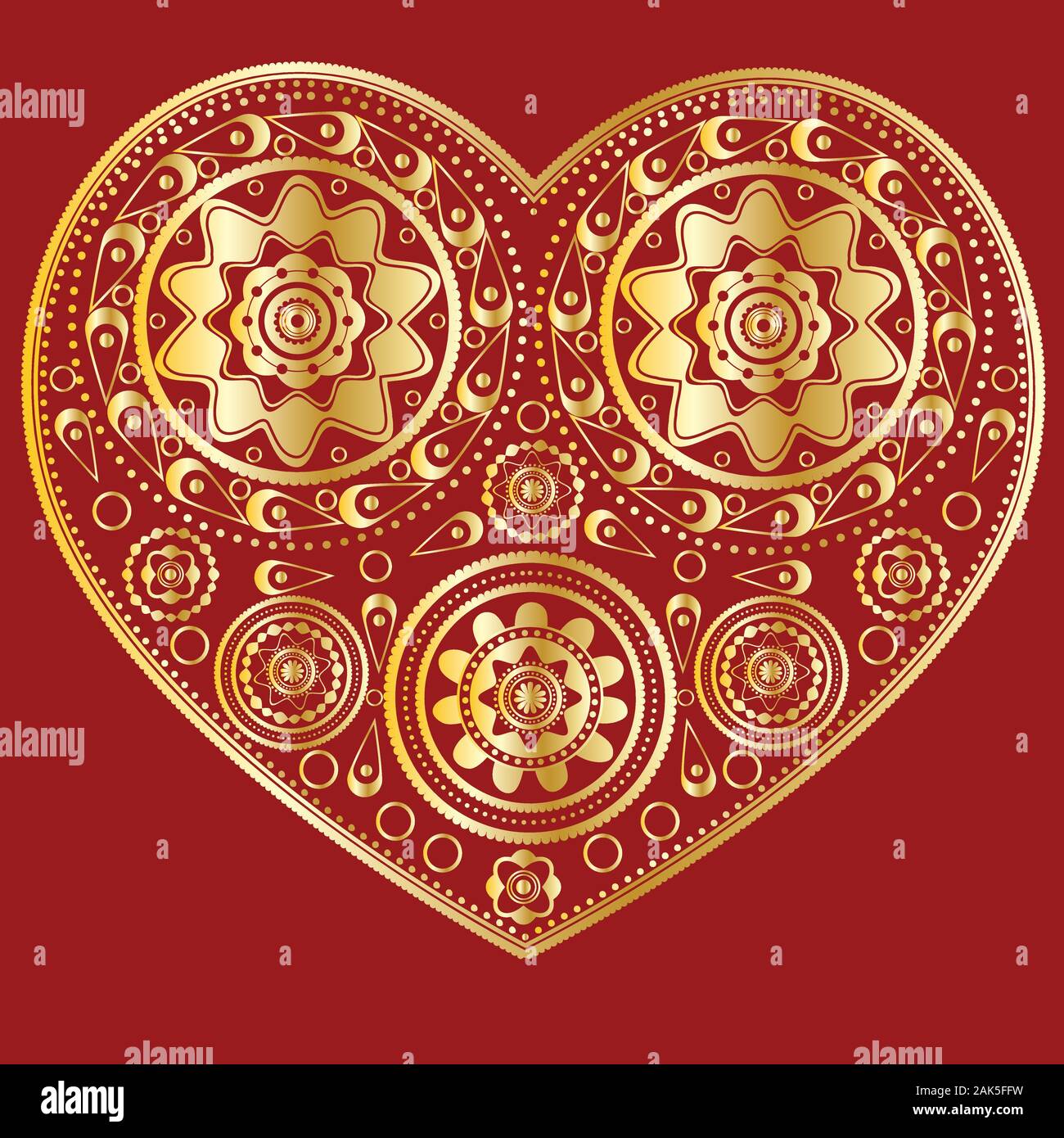 Illustration der abstrakten Golden dekorative Herzen auf rotem Hintergrund. Stock Vektor