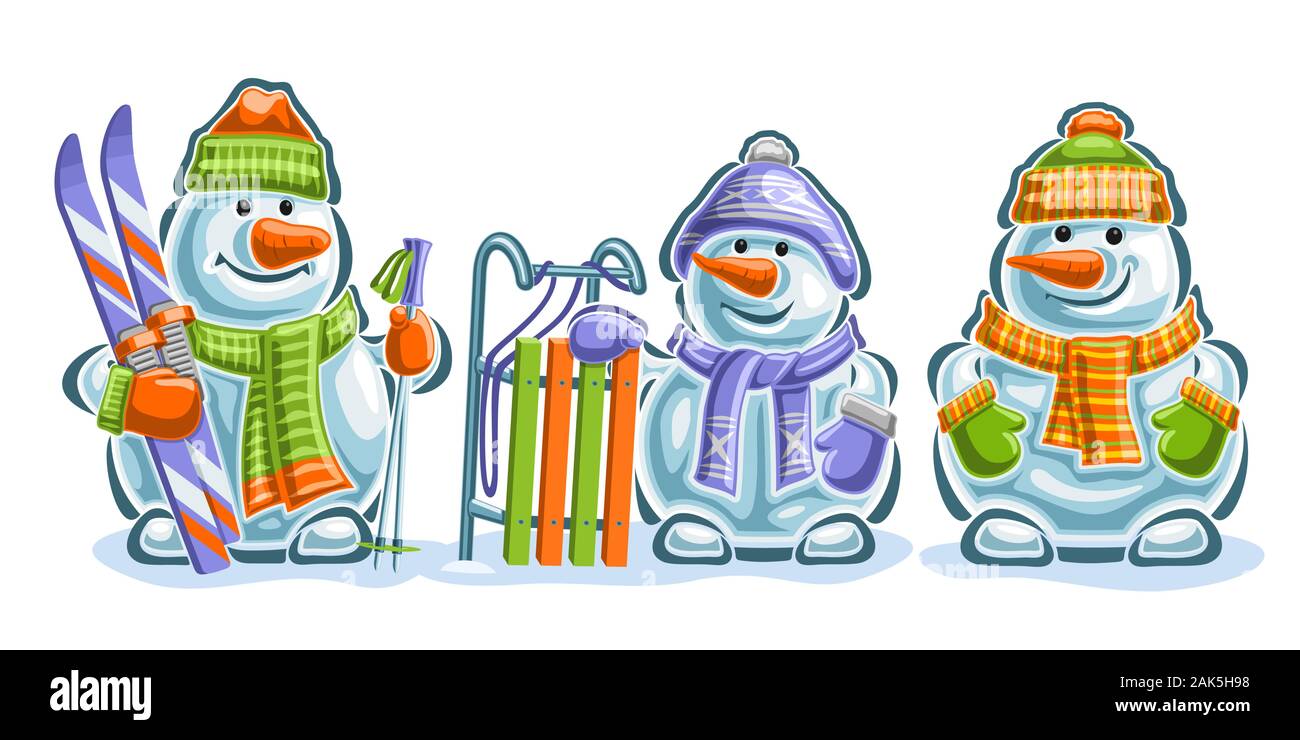 Vektor einrichten von niedlichen Snowmans, 3 Schneiden Sie blauen, lächelnden snowmans mit Karotte Nasen, Schlitten und Sport Ski in grün und orange Fäustlinge, gestrickte Schals und c Stock Vektor