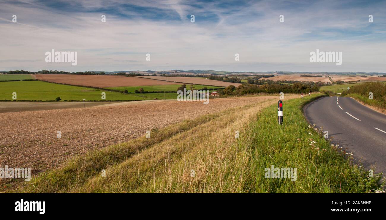 Eine Landstraße schlängelt sich über die Hügel und Täler der rollenden landwirtschaftliche Landschaft von England Dorset Downs. Stockfoto