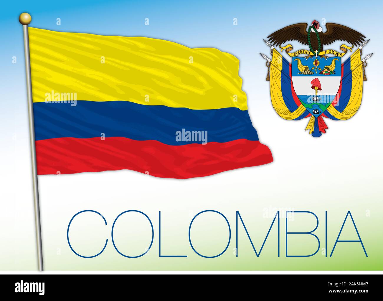 Kolumbien offizielle nationale Flagge und Wappen, Vector Illustration Stock Vektor