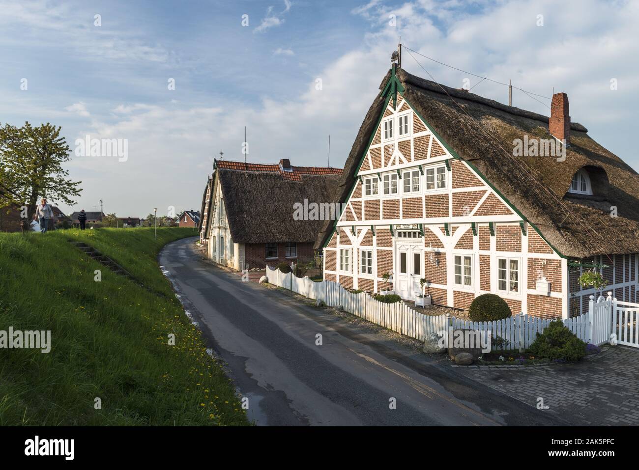 Steinkirchen: Reetgedecktes Fachwerkhaus am Deich, Elbe und Weser | Verwendung weltweit Stockfoto