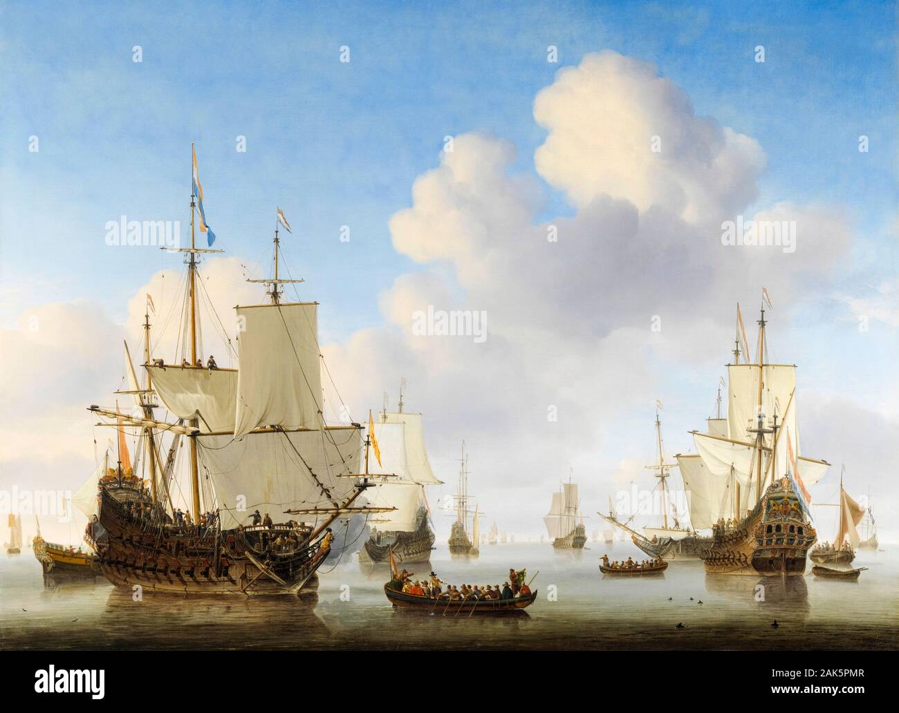 Willem van de Velde die Jüngere, Malerei, Niederländische Schiffe in einem ruhigen Meer, ca. 1665 Stockfoto