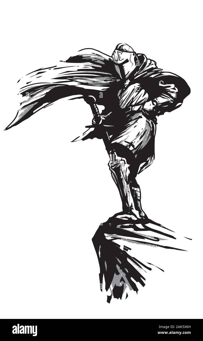 Fantasy Ritter mit Schwert und Mantel flatterte im Wind stehend auf dem Rock, Vector schwarz Abbildung auf weißem Hintergrund Stock Vektor