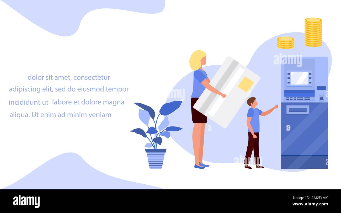 Vector Illustration Menschen mit Bankkarte in der Nähe von Geldautomaten. Bargeldbezug, Geldwechsel an Geldautomaten. Finanzielle Transaktionen über ATM. Stock Vektor